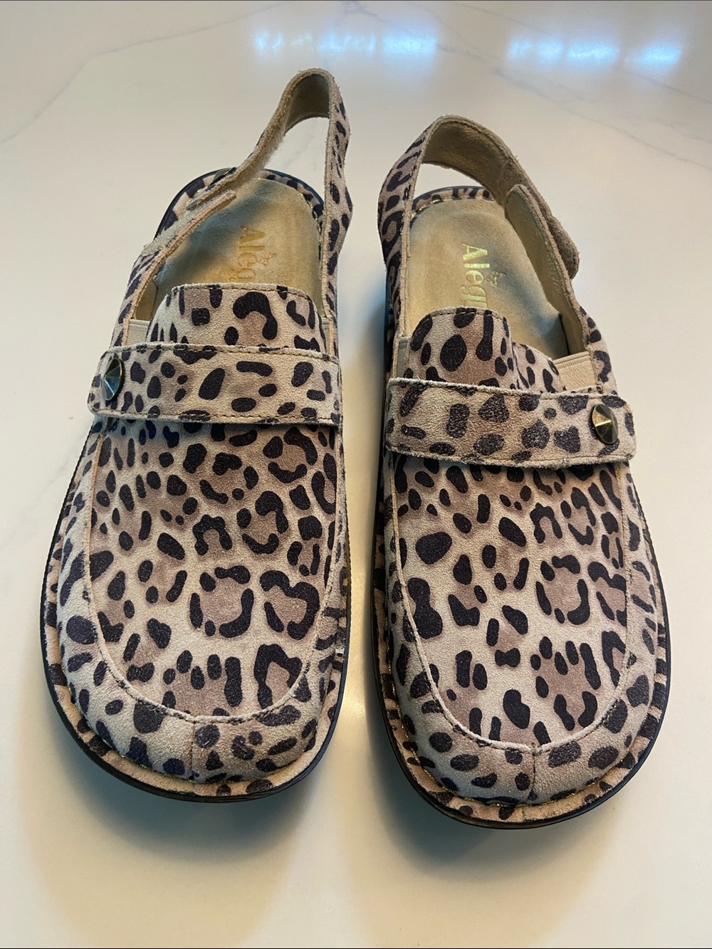 Alegria Leopard-Print Slingback Moccasins in Beige and Black